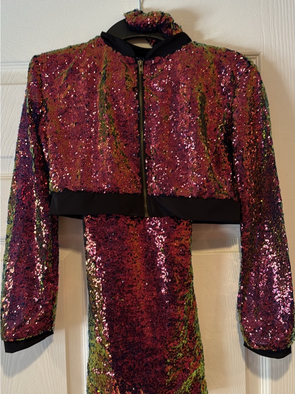 Revolution Iridescent Sequin Crop Bomber Jacket - Pink & Green